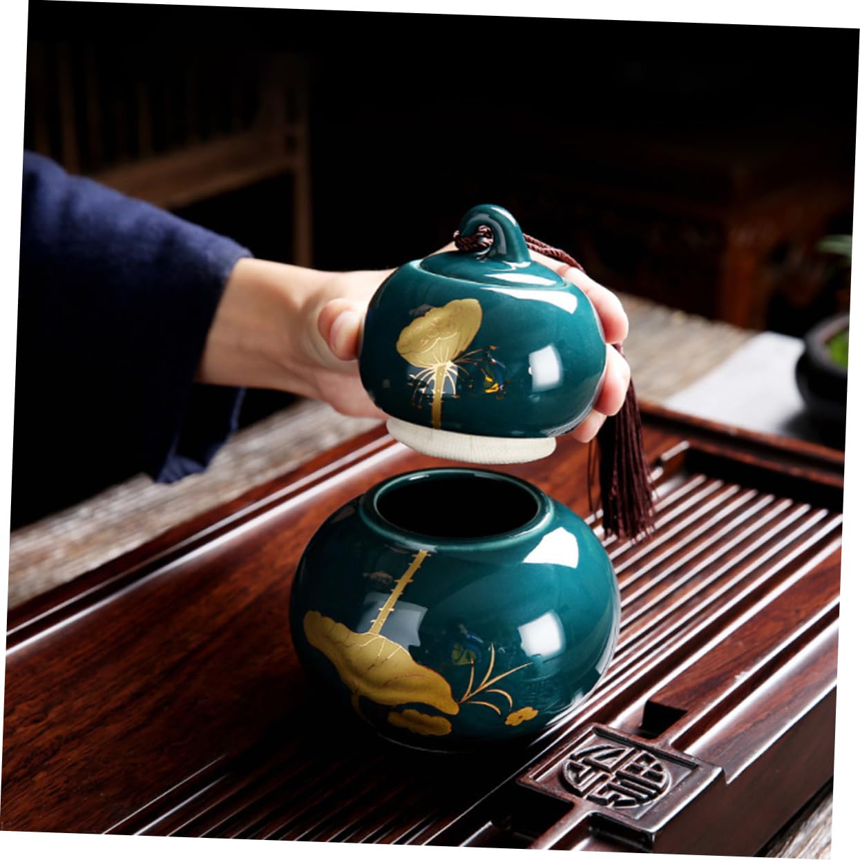瓢箪型 茶筒 茶葉入れ 中国茶道具 Amazon｜MOLUCKFU 青色セラミック製瓢箪型お茶の密封瓶 密閉機能付き